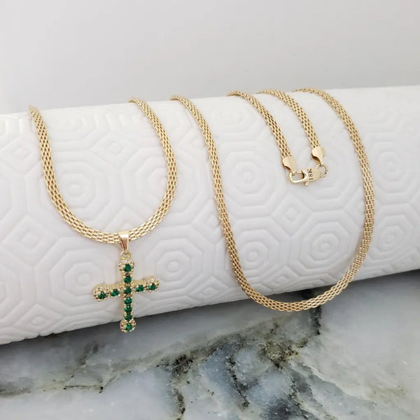 Cadena De Caballero De Tejido Chino De 60cm-3mm de Grosor + Dije De Cruz De Cristales Verdes + Envío Gratis
