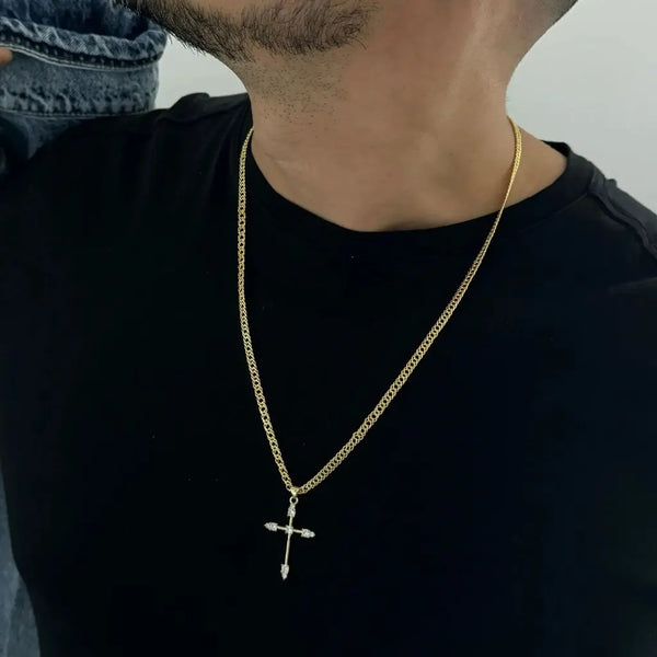 Cadena De Caballero De Tejido Cubana Barbada + Dije De Cruz