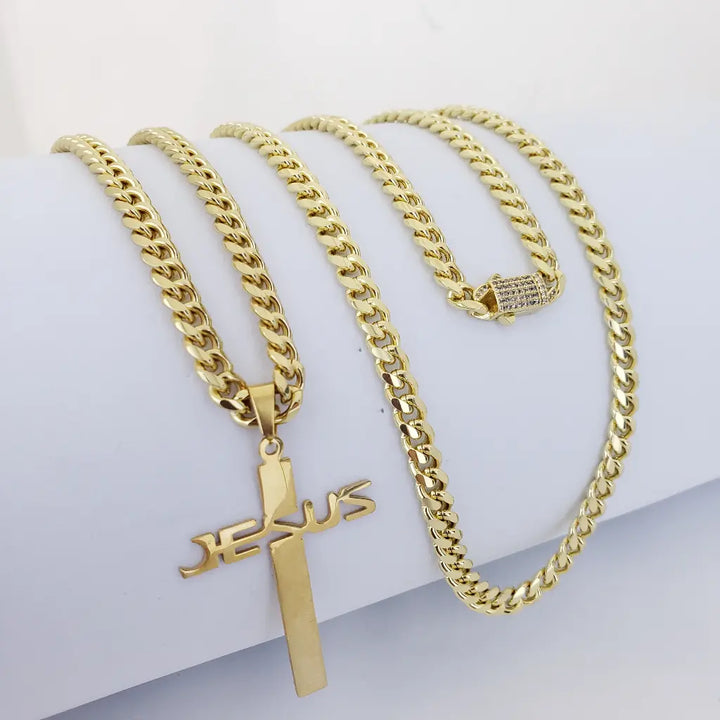 Cadena De Caballero De Tejido Cubana Con Broche Diamantado De 60cm-6mm De Grosor Con Dije De Cruz Jesus + Envío Gratis