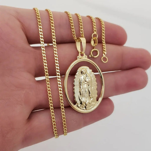 Cadena De Caballero De Tejido Cubana De 60cm-2mm De Grosor + Dije De La Virgen De Guadalupe