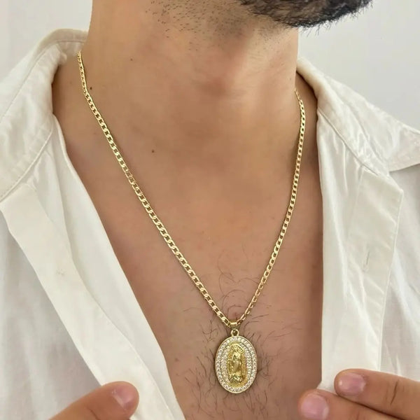 Cadena De Caballero De Tejido Cubana De 60cm-3mm De Grosor + Dije De La Virgen De Guadalupe