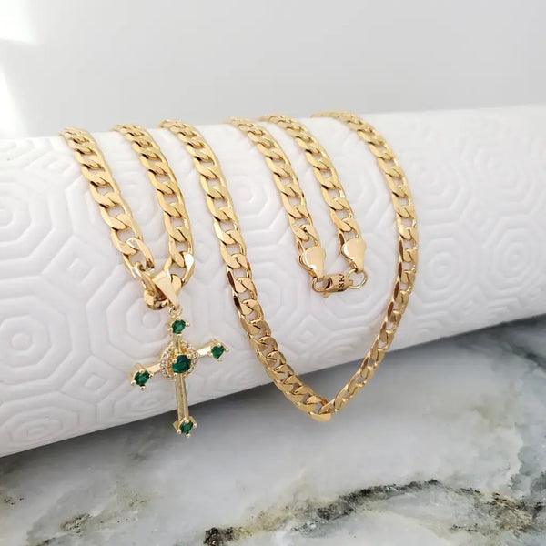 Cadena De Caballero De Tejido Cubana De 60cm-6mm De Grosor + Dije De Cruz De Cristales Esmeralda + Envío Gratis
