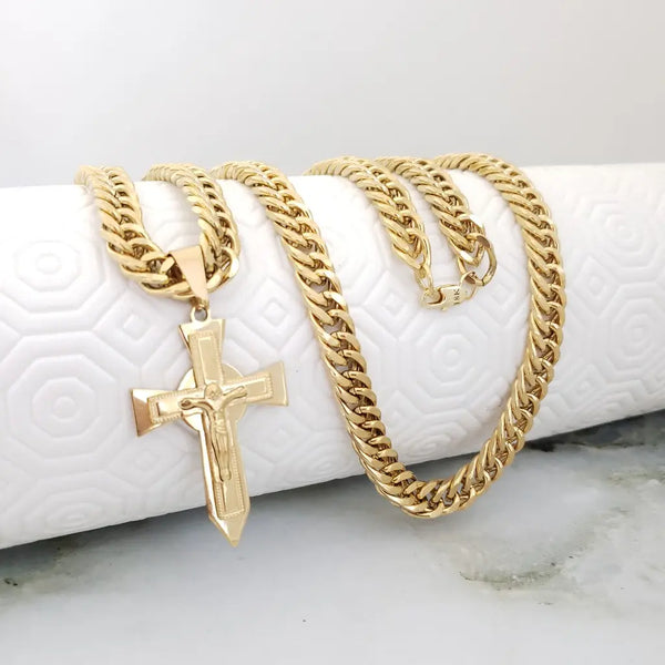 Cadena De Caballero De Tejido Cubana + Dije De Crucifijo Espada + Envío Gratis
