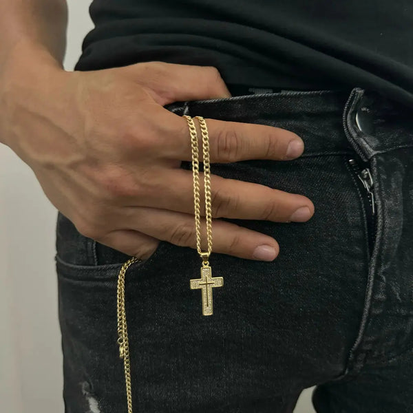 Cadena De Caballero De Tejido Cubana + Dije De Cruz