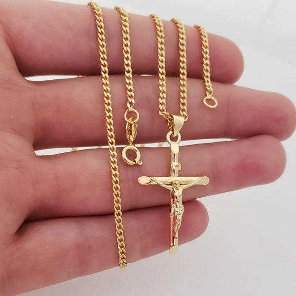 Cadena De Caballero De Tejido Cubana de 60cm-2mm De Grosor + Dije de Cruz Inri