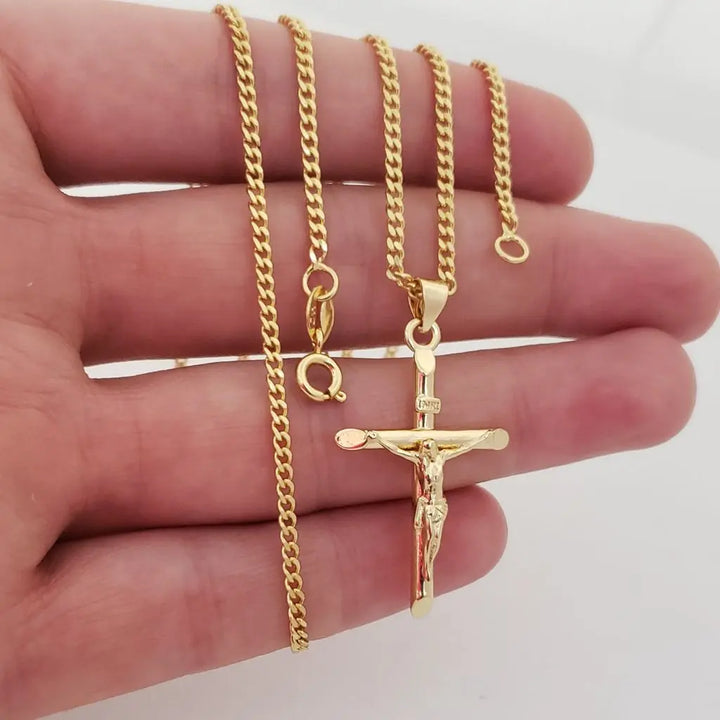 Cadena De Caballero De Tejido Cubana de 60cm-2mm De Grosor + Dije de Cruz Inri
