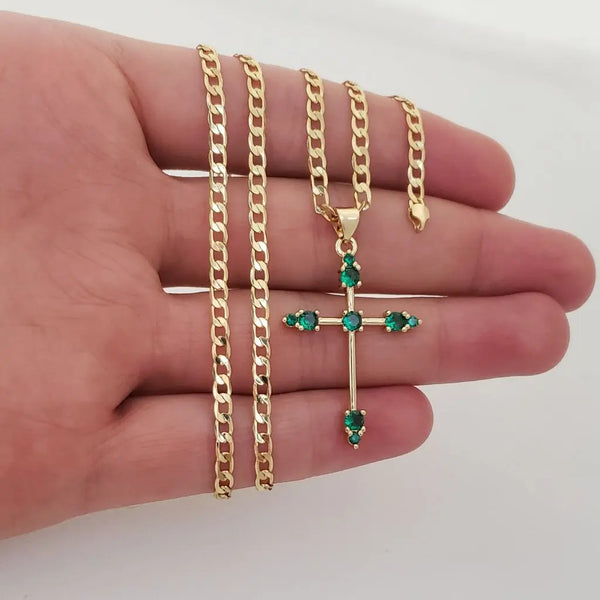 Cadena De Caballero De Tejido Cubana de 60cm-3mm De Grosor + Dije De Cruz De Piedras Verdes