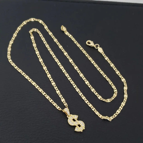 Cadena De Caballero De Tejido Escalera Con Destellos De 60cm-3mm De Grosor + Dije De Símbolo de Dinero