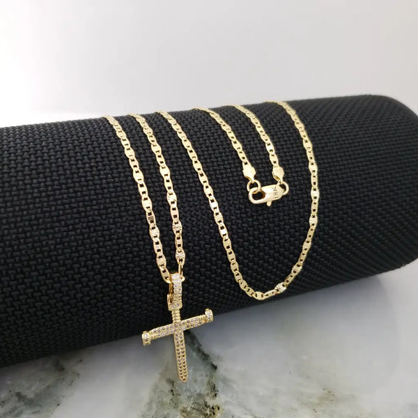 Cadena De Caballero De Tejido Escalera Con Destellos De 60cm-3mm De Grosor + Dije de Cruz Clavo Cristal