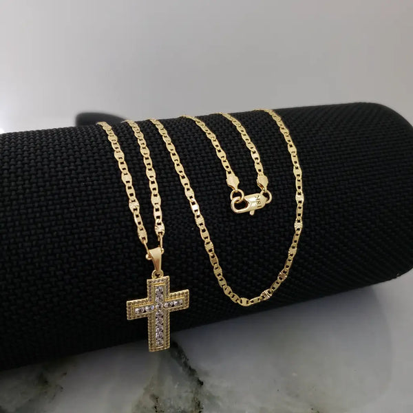 Cadena De Caballero De Tejido Escalera Con Destellos De 60cm-3mm De Grosor + Dije de Cruz Cristal