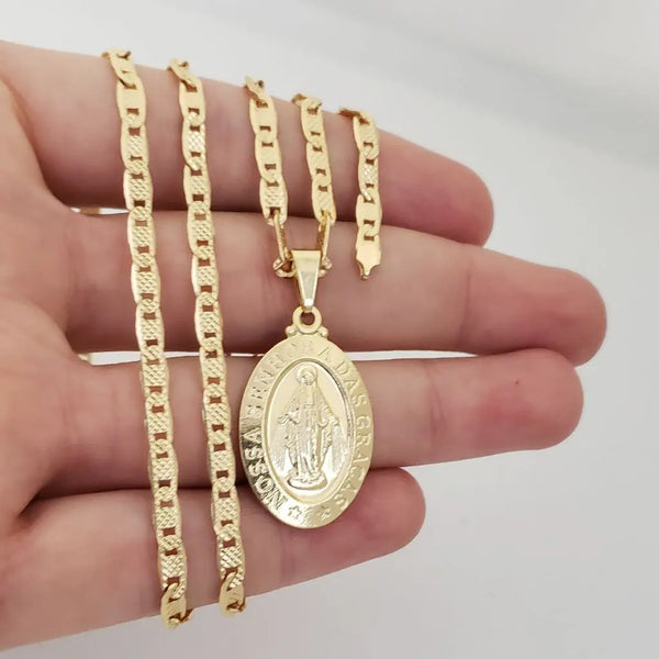 Cadena De Caballero De Tejido Escalera Con Destellos De 60cm-4mm De Grosor + Dije De La Virgen Milagrosa