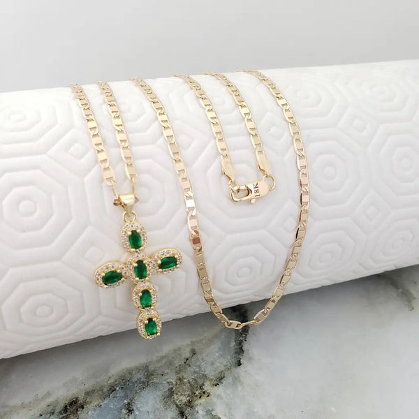 Cadena De Caballero De Tejido Escalera De 60cm-3mm De Grosor + Dije De Cruz De Cristales Verdes + Envío Gratis