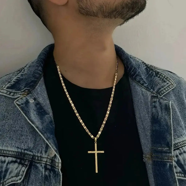 Cadena De Caballero De Tejido Escalera + Dije De Cruz