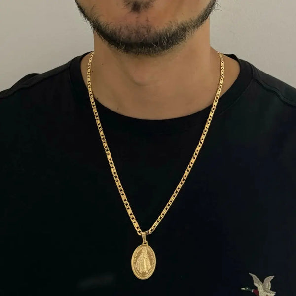 Cadena De Caballero De Tejido Escalera + Dije De La Virgen Milagrosa