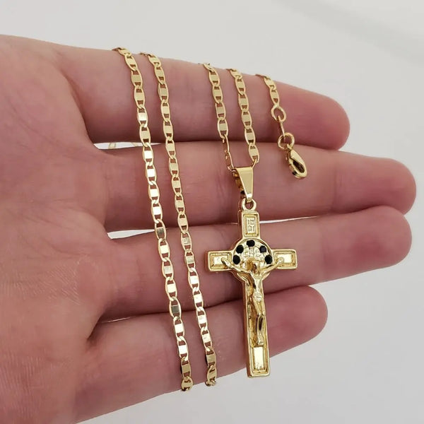 Cadena De Caballero De Tejido Escalera de 60cm-3mm De Grosor + Dije De Cruz Con Piedras Negras