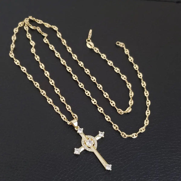Cadena De Caballero De Tejido Gucci De 60cm-3mm De Grosor + Dije De Cruz De Piedras Cristal