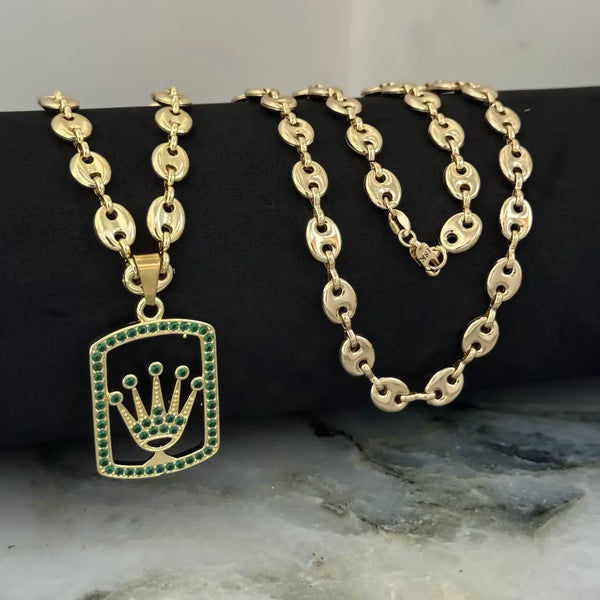 Cadena De Caballero De Tejido Gucci de 60cm-6mm De Grosor + Dije de Rolex Verde