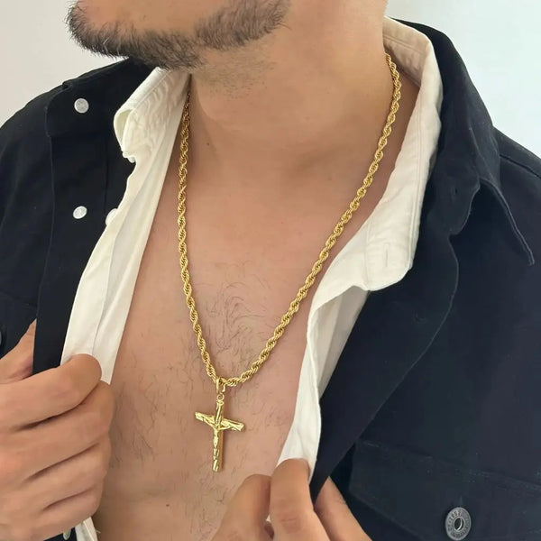 Cadena De Caballero De Tejido Lazo + Dije De Crucifijo