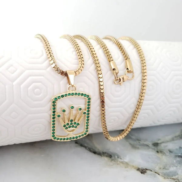 Cadena De Caballero De Tejido Veneciano Cubico De 60cm-3mm De Grosor + Dije De Rolex Verde