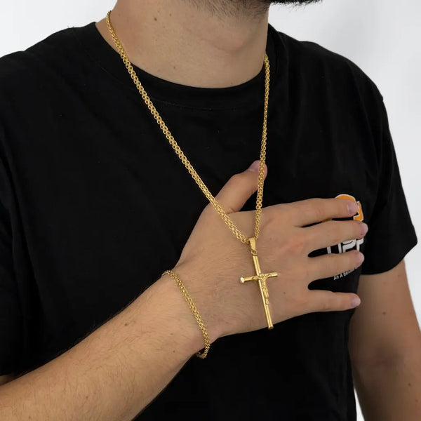 Conjunto De Caballero De Tejido Chino Con Cadena De 60cm-4mm + Dije De Crucifijo Grande + Pulsera De 20cm-3mm De Grosor + Envío Gratis