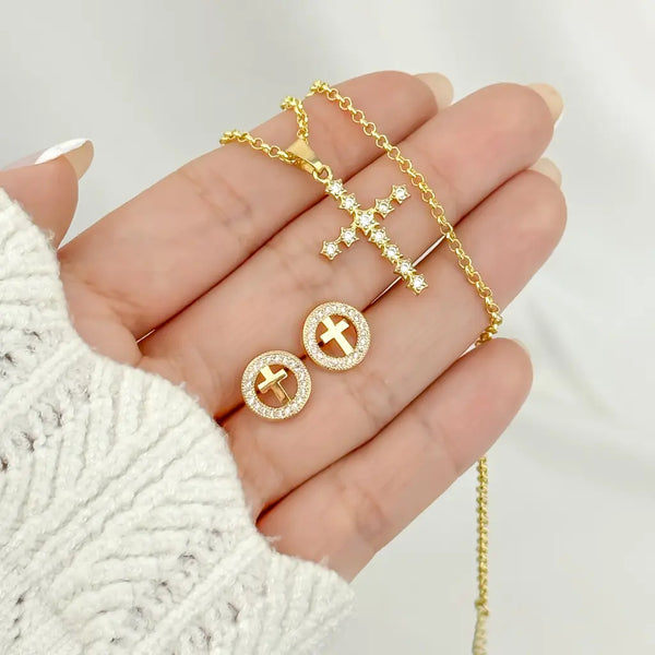 Conjunto De Dama Con Cadena De Tejido Aros Y Dije Con Topos De Cruz Cristal + Envío Gratis