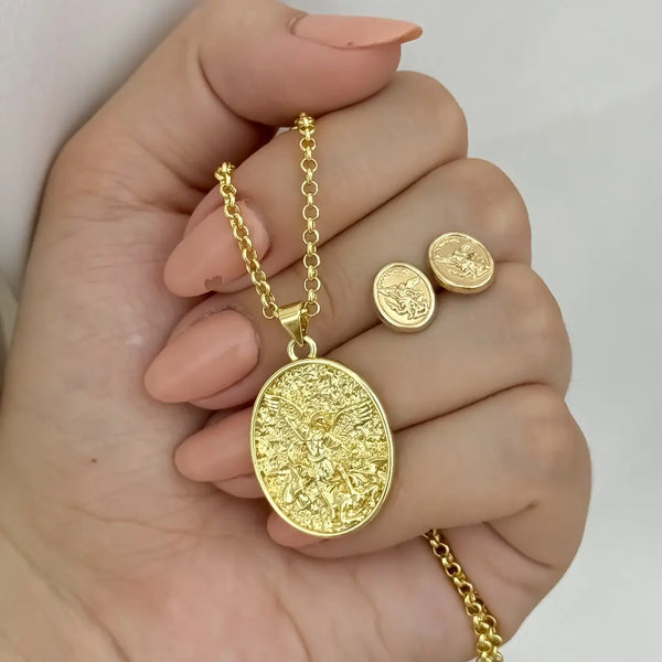 Conjunto De Dama Con Cadena De Tejido Aros Y Dijes Y Medalla De San Miguel + Envío Gratis