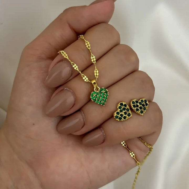 Conjunto De Dama Con Cadena De Tejido Crispeta Con Dije Y Topos De Corazón Verde + Envío Gratis