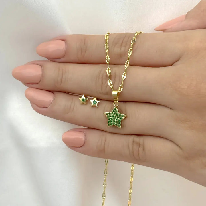 Conjunto De Dama Con Cadena De Tejido Crispeta Y Dijes Con Topos De Estrellas Verdes + Envío Gratis