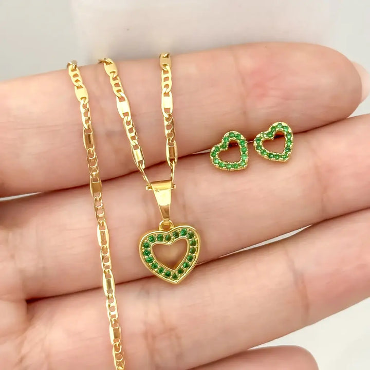 Conjunto De Dama Con Cadena De Tejido Escalera Plana Y Dije Y Topos De Corazón Verde + Envío Gratis