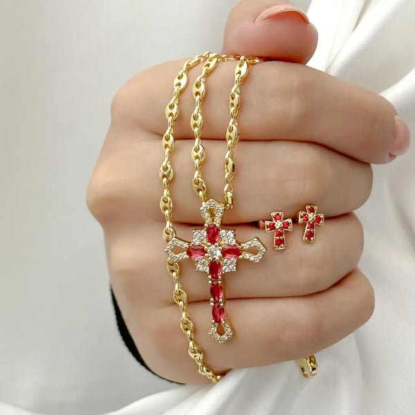 Conjunto De Dama Con Cadena De Tejido Gucci Y Dije Con Topos De Cruz Rojo + Envío Gratis