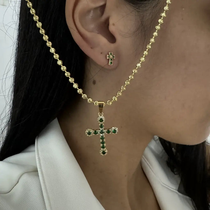 Conjunto De Dama Con Cadena De Tejido Militar Diamantada Y Topos Y Dije De Cruz Verde + Envío Gratis