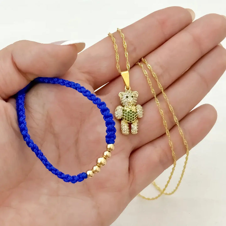 Conjunto De Dama Con Cadena De Tejido Singapur Con Dije De Oso Y Manilla + Envío Gratis