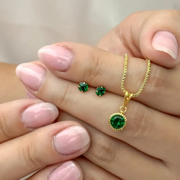 Conjunto De Dama Con Cadena De Tejido Veneciano Con Dije Y Topos De Cristal Verde + Envío Gratis