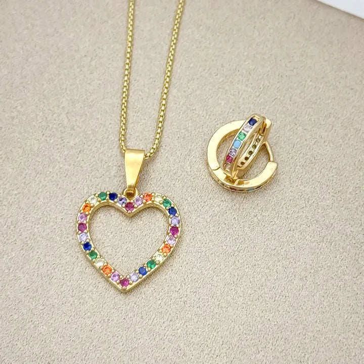 Conjunto De Dama Con Cadena De Tejido Veneciano Y Dije De Corazón Y Candongas De 12mm + Envío Gratis