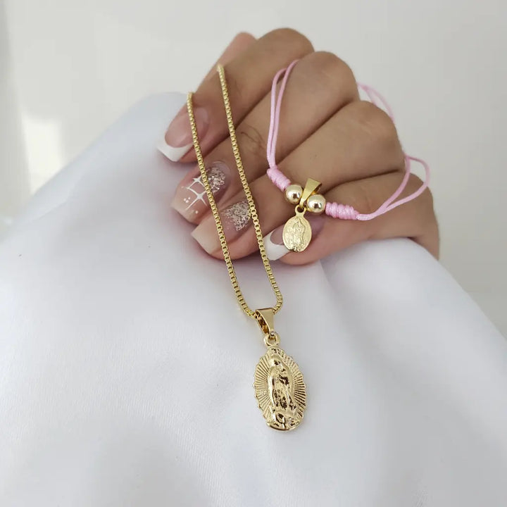 Conjunto De Dama Con Cadena De Tejido Veneciano Y Dije De La Virgen De Guadalupe + Manilla De La Virgen De Guadalupe + Envío Gratis