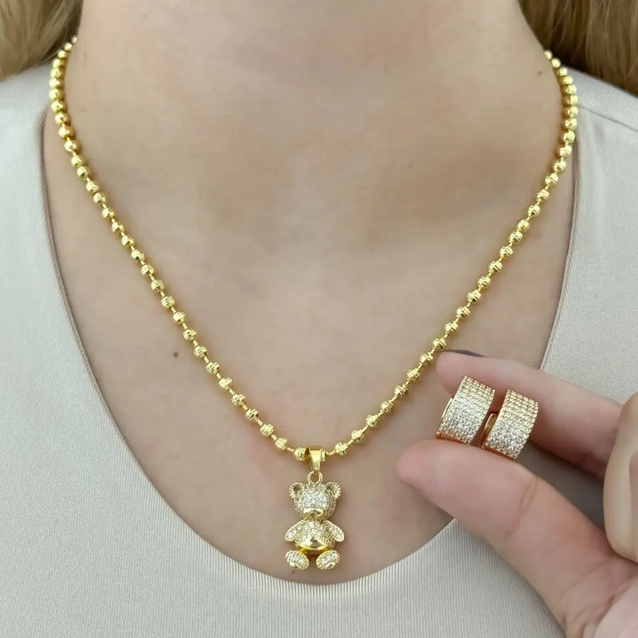 Conjunto De Dama Con Cadena Tejido Militar De 4mm, Dije De Oso Y Candongas Cristal + Envío Gratis
