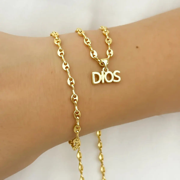 Conjunto De Dama Con Cadena Y Esclava De Tejido Gucci De 3mm Y Dije De DIOS + Envío Gratis