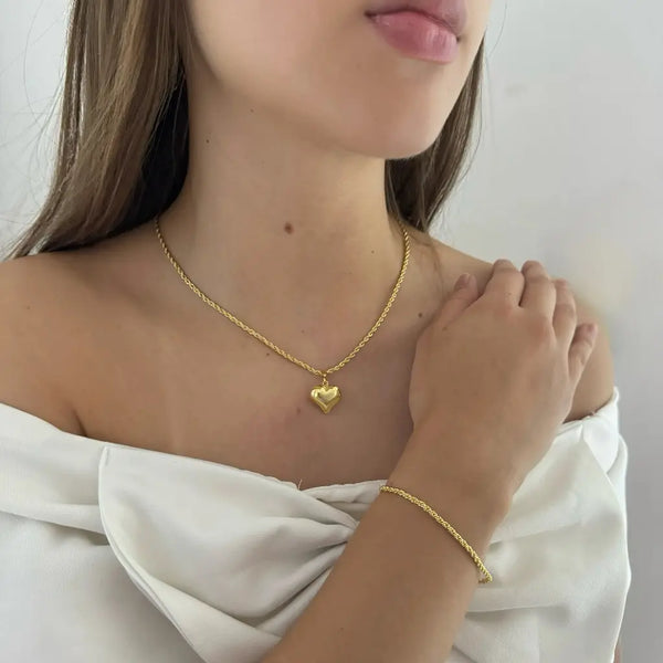 Conjunto de Dama Con Cadena De Tejido Lazo De 50cm Y Dije De Corazón + Pulsera De 20cm-3mm De Grosor + Envío Gratis