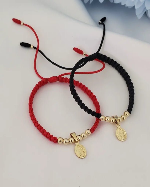 Manillas De Parejas De Tejido Macramé Con Balines Lisos Y Dije De La Virgen De Guadalupe