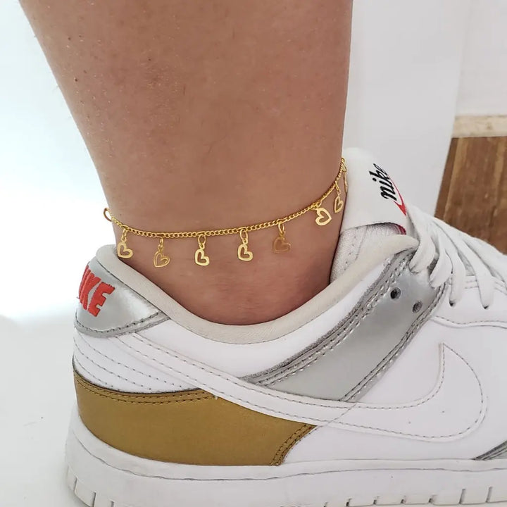 Tobillera De Dama De Tejido Aros Con Colgantes De Corazones