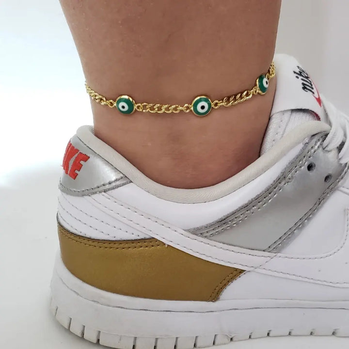 Tobillera De Dama De Tejido De Ojos Turcos Verdes